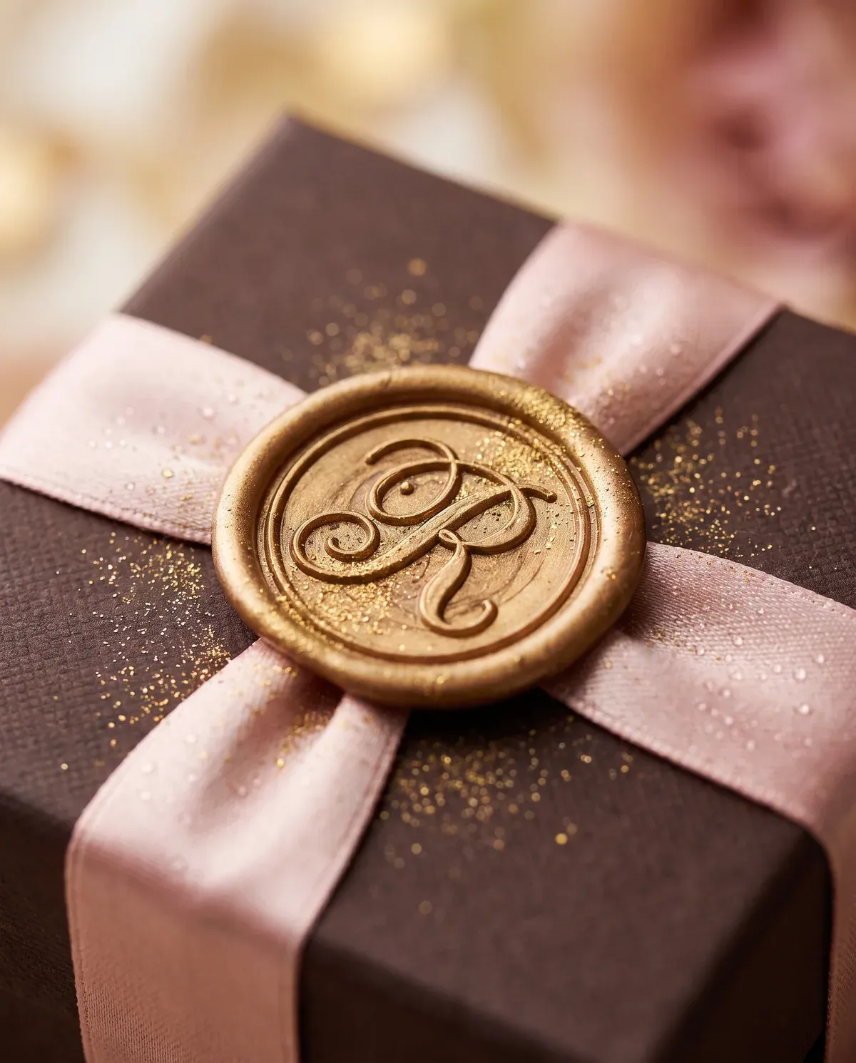 Gouden lakzegel met de R op blush lint